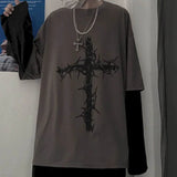 AIDASE  -  T-shirt Cross of Thorns fake two-piece for men women long-sleeved dark hip-hop loose large size autumn new trend top Simplicity aidase-shop