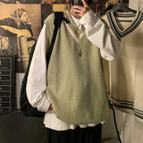 AIDASE  -  Autumn Winter V-neck Knitted Sweater Vest Men Oversized Loose Sleeveless Pullover Tops Men's Korean Warm Sweaters Tank Tops aidase-shop
