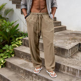 AIDASE  -  Men's Casual Solid Color Linen Feel Drawstring Wide Leg Pants Beach Trousers aidase-shop
