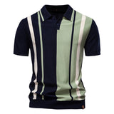 AIDASE  -  Spring Summer New Casual Mens Slim Polo Shirts Vintage Buttoned Lapel Short Sleeve Knit Polos Men Clothes Stylish Striped Polos aidase-shop
