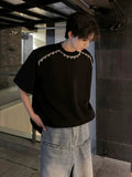 AIDASE  -  Men's White Crew Neck T-Shirt with Black Fringe Detail Casual Loose Fit Short Sleeve Top aidase-shop