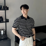 Aidase Summer Men's Casual Business Luxury V Neck Knit Polo Shirt Korean Striped Short Sleeve Retro Breathable Fashion Leisure Knitwear