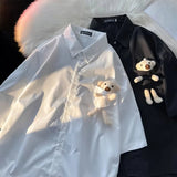 AIDASE  -  Little Bear Decoration Men's Shirt Japanese Solid Color Shorts Sleeve Shirt Summer Loose Casual Male Clothing aidase-shop