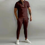 AIDASE  -  Fashion Striped Print Mens Tracksuits Spring Summer Short Sleeve Lapel Zipper Tops and Pants Two Piece Sets Men Sports Clothing aidase-shop