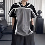 AIDASE  -  Grid Patchwork Men's T-shirt Contrast Color Shoulder Padded Round Neck Short Sleeve Design Sports V-neck Tees Tide 21E6624 aidase-shop