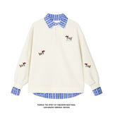 Aidase Plaid Patchwork Fake Two Sweatshirt College Style Puppy Embroidery POLO Collar Sweatshirt Men Women Loose Pullover Tops