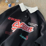 25.59Aidase American Retro Men and Women Street Personality Trend Polo Shirt Couple Loose Hip-hop Casual Short Sleeved T-shirt Harajuku Y2k aidase-shop