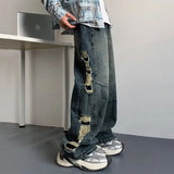 AIDASE  -  American Style Men's Jeans Trendy High Waist Washed Side Big Ripped Straight Wide Leg Design Fashion Denim Pants 21E7423 aidase-shop