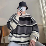 Aidase  Striped Sweater Men's Japanese Loose Retro Student Contrasting Base Shirt Round Neck Knit Jacket Men's Handsome