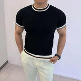AIDASE  -  Light Luxury Ice Silk Knitted Contrast Color Round Neck Pullover Men's T-shirt Business Gentleman Male Tops aidase-shop