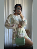 AIDASE  -  Printed Lace Patchwork Chiffon Waist Mini Dress Women Elegant Round Neck Long Sleeve Bodycon Short Dresses 2025 New Summer Robe aidase-shop