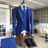 Aidase Men's Suit 3 Pieces Blazer Vest Pants One Button Peaked Lapel Pinstripes Formal Business Blue Slim Wedding Groom Costume Homme aidase-shop