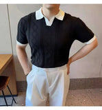 AIDASE  -  Images Simple Striped Ice Silk Elastic Jacquard Turn-down Collar Short Sleeved T-shirt 2025 Contrast Color Male Tops aidase-shop