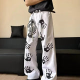 AIDASE  -  Palm Print Men Jeans American Hip-hop Street Style Handsome Straight Leg Loose Niche Male Trousers Summer New aidase-shop