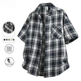 AIDASE  -  Trendy Summer Elegant Short Sleeve Plaid Shirt Men's American Casual Oversized Pocket T Shirts Y2K Streetwear Camisas aidase-shop