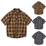 AIDASE  -  Mens Plaid Loose Label Short Sleeved Shirt Youth Fashion Cardigan Casual Shirt Chest Pocket Men'S Autumn Shirt aidase-shop