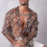Aidase Men Shirt Printing Mesh Transparent Stand Collar Long Sleeve Streetwear Men Clothing 2024 Fashion Casual Camisas S-4XL aidase-shop