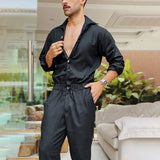 Aidase Fashion Men Jumpsuits Solid Color Lapel Long Sleeve Casual Cargo Clothes Overalls Male Rompers Streetwear Girdle Waist Siamese