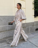AIDASE  -  Solid Cotton Linen Printed Wide Leg Pants Set Women Casual Daily Bubble Sleeve Shirt Two Piece Suit 2025 New Summer Street Wear aidase-shop