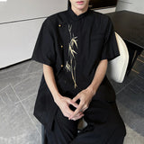 AIDASE  -  New Chinese Style Embroidery Short Sleeve Shirt Men Wear Bamboo Leaf Pattern Shoulder Pad Male Shirts Loose Fit aidase-shop