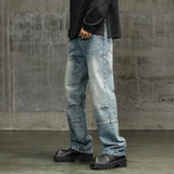AIDASE  -  American New Fashion Men's Washed Blue Solid Color Casual Trendy Wide Leg Straight Loose Spliced Denim Cargo Trousers Male Pants aidase-shop