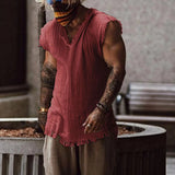 Aidase Vintage Tassels T-shirt Top Men Sleeveless V-Neck Loose Tank Blouse Summer Newest Male Fashion Waistcoat Tshirt Vest Streetwear