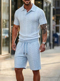AIDASE  -  Vintage Mens Jacquard Two Piece Suits Summer Outdoor Casual Solid Color Polo Shirt And Shorts Outfits Men Short Sleeve Sets