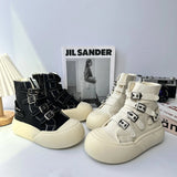 AIDASE  -  Fashion Women Buckle Strap Canvas Shoes High Top Thick Sole Height Increasing Short Ankle Boots Black Beige Autumn Sneakers aidase-shop