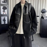 AIDASE  -  Trend Men's Jacket PU Leather Faux Suede Patchwork Design Contrast Color Casual Long Sleeve Lapel Male Coat Tide 21E7100 aidase-shop