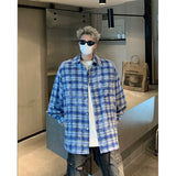 Aidase Men Shirt Plaid Tie-dye Long Sleeve Mens Casual Loose Shirt Autumn High Quality Oversized Male Checked Shirt Red/Blue/Gray