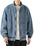 Aidase Stand Collar Denim Jacket Men Casual Autumn Zip Closure Jacket Coat Loose Baggy Blue Retro Jacket Man Fashion Clothing