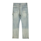 Aidase American Streetwear Double Knee Logging Overalls Mens Spring and Autumn Jeans Light Blue Straight Leg Pants Cleanfit Washed Jean aidase-shop