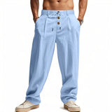 AIDASE  -  Men's High Waist Linen Wide Leg Pants with Button Detail Elastic Drawstring Casual Trousers for Men aidase-shop