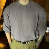 Aidase Mens Autumn Winter New Textured Vertical Striped Knitted T-Shirt Gender-Neutral Loose Casual Simple Long-Sleeved Top Unisex aidase-shop