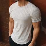 AIDASE  -  Casual Crew Neck Short Sleeve Mens T Shirts Summer Sports Fashion Stretch Slim Pullover Tops Men Vintage Striped Textured Tees aidase-shop