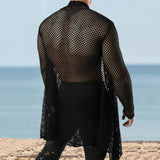 Aidase Sexy Hollow Out Loose Cardigan Shawl Mens Spring Summer Long Sleeve Beach Shirts Mesh Perspective Long Coat Cloak Streetwear