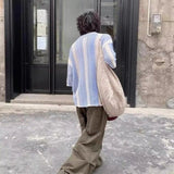 AIDASE  -  American Hollow Out Men's Shirt Contrast Color Retro Striped Top Summer Casual Fashion Male Short Sleeved Top aidase-shop