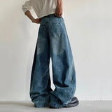 AIDASE  -  American Style Men Jeans Embroidered Letter Ink Splash Decoration Wide Leg Loose Denim Pants Summer New Fashion aidase-shop