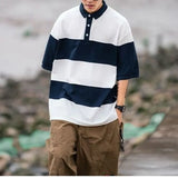 Aidase Japanese Style Summer New Men's Turn-down Collar Spliced Striped Button Fashion Vintage Loose Half Sleeve Tops T-shirt