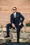 Aidase Dark Blue Men's Suits Tailored 3 Pieces Blazer Vest Pants Single Breasted Peaked Lapel Groom Pinstripes Custom Made Plus Size aidase-shop