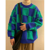 Winter Korean Fashion Mens Pullovers Checkerboard Plaid Sweater Thick Warm Cashmere Sweater Men Luxury Patchwork Pull Homme aidase-shop