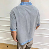 AIDASE  -  Fake Two-piece Men T-shirts Lapel Plaid Design Contrast Color Patchwork Casual Menswear Loose Short Sleeve Male Tees aidase-shop