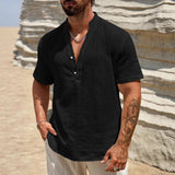 AIDASE  -  Men's Linen Blend Henley Shirt Short Sleeve V Neck Casual Summer Beach Top aidase-shop