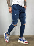 Men Jeans Black Blue Cool Skinny Knee Hole Ripped Stretch Slim Elastic Denim Pants Solid Color High Street Style Trousers Man aidase-shop