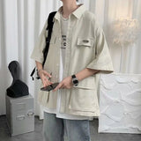AIDASE  -  Summer Men's Five Quarter Sleeved Shirt Large Pocket Design Shirts Japanese Minimalist Solid Color Male Clothing
