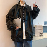 Aidase Handsome Pu Leather Jacket Men's Trend High Street Spring Autumn Black Loose All-Match Teen Solid Lapel Leather Coat Men Top