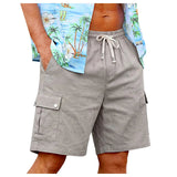 AIDASE  -  Men's Cotton Linen Cargo Shorts Elastic Waist With Drawstring 6 Pockets Summer Vacation Casual Men's Stretch Shorts aidase-shop