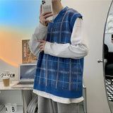 Aidase Sweater Vest Men Japanese Plaid V-neck Knitwear Fashion All-match Sleeveless Spring Soft Ins Clothing Classic Minimalist Stylish aidase-shop