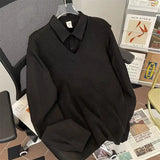 AIDASE  -  Japanese Vintage Style Patchwork Knit Shirt Sweater Men Loose Overhead Fake Two-Piece Knitted Base Shirt Jacket for Couples aidase-shop