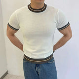 AIDASE  -  Light Luxury Ice Silk Knitted Contrast Color Round Neck Pullover Men's T-shirt Business Gentleman Male Tops aidase-shop